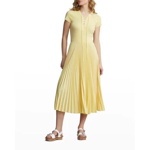 Polo Ralph Lauren Yellow Lace Up Pleated Short Sleeve Midi Dress Size Large - Picture 1 of 8